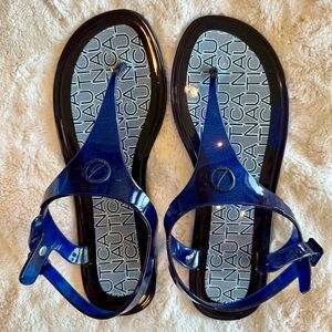 Nautica Gustava Navy Blue plastic sandals. Buckle on side. Size 7 Like New.